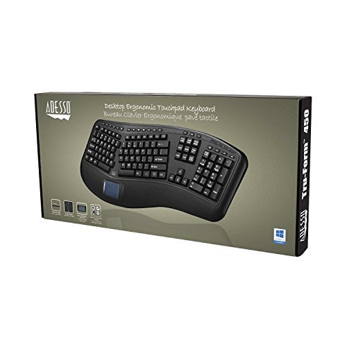 Adesso AKB-450UB - Ergonomic Keyboard with Built-in Touchpad, Wired USB, Multimedia Hotkeys, Split Keys Design, Built-in Palm Rest for Comfort - Compatible for PC