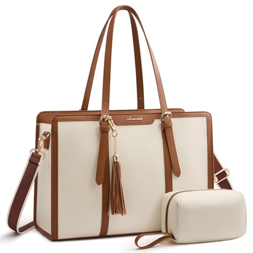 LOVEVOOK Laptop Bag for Women - 15.6 inch Lightweight Canvas Laptop Tote, Large Capacity Computer Bag with Clutch Purse for Business, Work, Travel, School, Casual Beige - color: Beige, size: 15.6 Inch