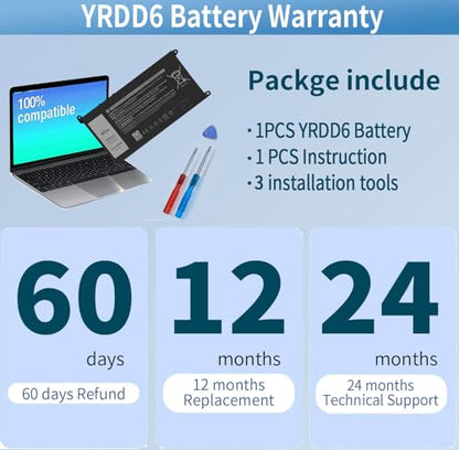 42Wh YRDD6 Battery for Dell inspiron 15 3000 Series 3583 3593 3582 3584 | 3501 inspiron 15 5000 Series 5582 5584 5593 5594 5598 5585 14 3493 5481 5482 5485 5491 5493 7586 Vostro 5481 1VX1H P93G P75F - size: 6.85*3.5*0.25inch