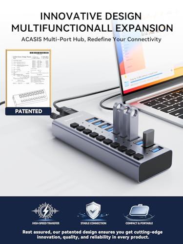 ACASIS Powered 10 Ports USB 3.2 Hub, 10Gbps Data Transfer, 48W Adapter | Individual On/Off Switch for Each Port • Aluminum Housing • Better Heat Dissipation • Plug & Play - size: 10 ports