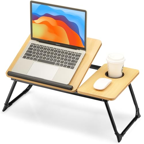 FISYOD Foldable Laptop Desk for Bed Couch, Adjustable Split Lap Desk with Cup Holder, Portable Lightweight Bed Table Tray, Heavy-Duty Laptop Stand for Working, Writing, Reading and Eating - Oak - color: Oak