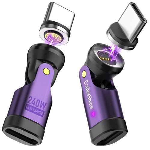 Magnetic USB C to C Adapter, 240W PD Fast Charging 480Mbps Data 9-Pin Breakaway Connector 540° Rotating Swivel LED Indicator Port Protection Tips for USB-C Phones Tablets Laptops, 2Pack - color: Purple, size: 2 Pack