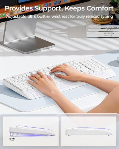 seenda COE200 Wireless Bluetooth Keyboard and Mouse Combo with Wrist Rest | USB/Bluetooth multi-device switching, quiet clicks, full-size ergonomic set for PC, laptop, Mac, and MacBook, White - color: White