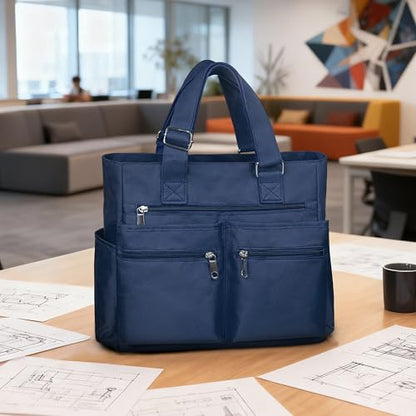 VOLGANIK ROCK Canvas Tote Bag Waterproof Nylon Multi Pocket Shoulder Bags Laptop Work Bag Teacher Purse Handbag for Women Men - color: Blue