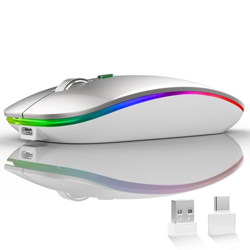 Uiosmuph LED Wireless Mouse, G12 Slim Rechargeable Silent Mouse - Silver | 2.4GHz Optical, USB C Charging, Quiet Click, LED, Portable, 1600DPI, USB Receiver, Type C Adapter, Cordless, for Laptop/Mac - color: Silver