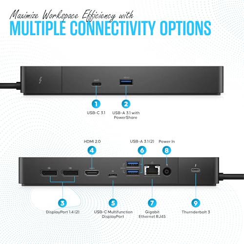 Dell WD19TBS Thunderbolt Dock, USB-C Docking Station Dual Monitor | 180W Adap ter Included, HDMI & DisplayPort Cables, Triple 4K Display Support, 130W Power Delivery, 40Gbps Transfer Speed