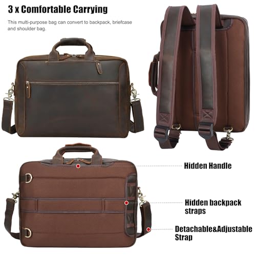 TIDING Full Grain Leather Convertible Briefcase Backpack for Men | Large 15.6 Inch Laptop Messenger Bag Work Business Crossbody Shoulder Bag - color: Dark Brown