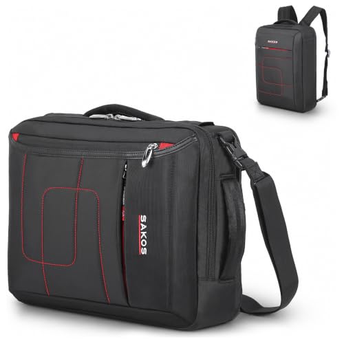 SAKOS Flash 3 in 1 Laptop Bag, 15.6 Inch Convertible Messenger, Shoulder Bag & Backpack, Water Repellent Travel Bag, Professional Work Bag for Men & Women, Briefcase with Laptop Compartment - Black - color: 4. Flash - Black/Red