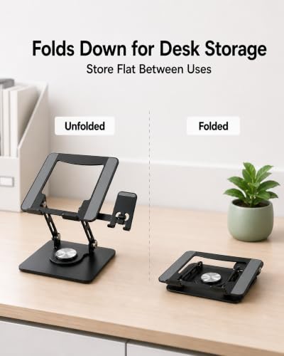 2-in-1 Laptop Stand with Phone Holder, 360° Swivel Laptop Riser for Desk | Fits 10-16 Inch Laptops, Height and Angle Adjustment, Carbon Steel Frame, Silicone Contact Pads, Fold-Flat Storage, 1 Pack