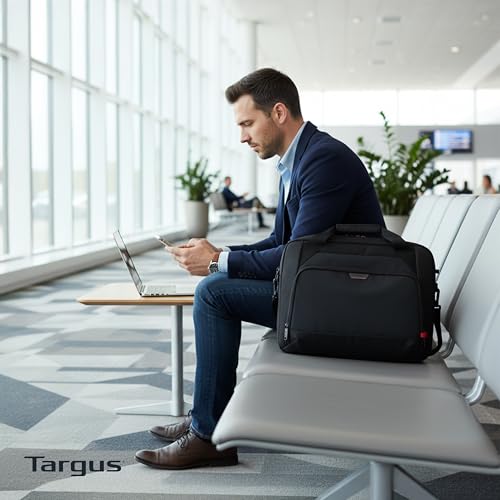 Targus 17–18 Inch Classic EcoSmart Briefcase, Large Laptop Bag with Padded Laptop Sleeve, Anti-Theft Zippers, Hidden Phone Pocket, Water-Resistant Design, Trolley Strap, Black CN418GL