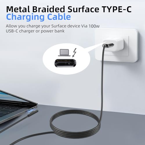 PD100W USB-C Charger Cable Compatible with Surface Pro Laptop Microsoft Surface Pro 10/9/8/7+/7/6/5/4/3/X Windows Surface Laptop 6/5/4/3/2/1 Surface Go Tablet Surface Book Support 65W/45W,6FT