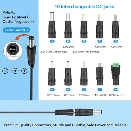 DC Adapter 10 Connector Set, DC Barrel Jack Plug Power Adapter 5.5x2.1 mm Female to Male Tips Connector Kit Compatible with Monitor Webcam Router Mini PC Laptop