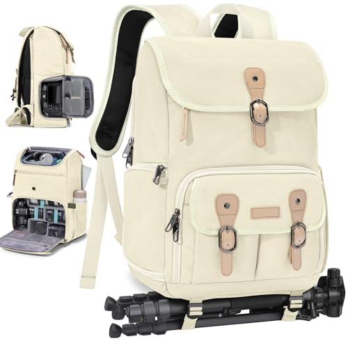 RAINSMORE Camera Bag Backpack for DSLR/SLR Mirrorless 15.6 Inch Laptop Camera Back Pack for Photographers Anti-Theft Photography Bags Case with Tripod Holder & Rain Cover, Beige - color: Beige