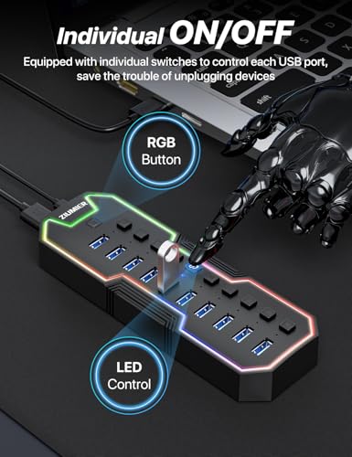 Powered USB Hub, 10 Ports USB 3.0 Hub with RGB LED Strip | 12V/2A Power Adapter USB Extension,Individual LED On/Off Switches for Mac, PC, Desktop, Flash Drive, Mobile HDD