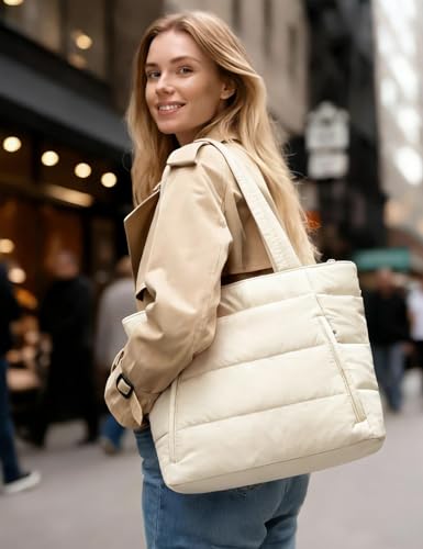 Puffer Tote Bag for Women, Nurse, Large Quilted Shoulder Bag with Cup Holder & Laptop Compartment for Work, Travel, Gym - color: Cream
