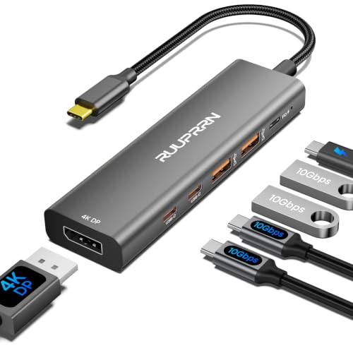 6-in-1 10Gbps USB C Hub with DisplayPort, USBC to DP Dongle Adapter 4K@60Hz, 2×USB-C/USB-A 3.2 Gen2x2, 100W PD Port, Type C Multiport Splitter for Laptop, MacBook Neo/Air/Pro, iPad Pro