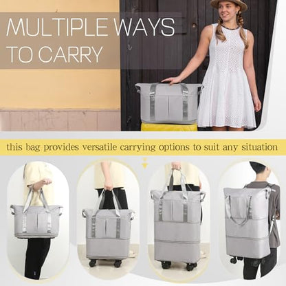 VOOWO Duffel Bag with Wheels - Rolling Foldable Expandable Duffle Bags with Wheel for Travel, Rolling Luggage Carry On Travel Bag, Large Wheeled Overnight Weekender Bag (Gray) - color: Gray