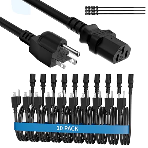 Adoreen Computer TV Monitor Replacement Power Cord 6 Ft/10 Pack, 3-Prong AC Universal Power Supply Cable 5-15P to IEC 320 C13 C14, SJT 18AWG 10A/125V for Treadmill Printer,PC,Desktop+Ties-ETL-Black - size: 6FT, style: 10 Pack