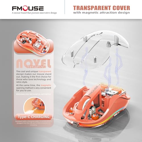 FMOUSE Transparent Wireless Mouse, Tri-Mode Bluetooth 5.1 & 2.4GHz, USB-A & USB-C Receiver, Silent Rechargeable RGB, 3 Devices for MacBook Laptop iPad PC, Creative Energetic — Orange - color: Orange