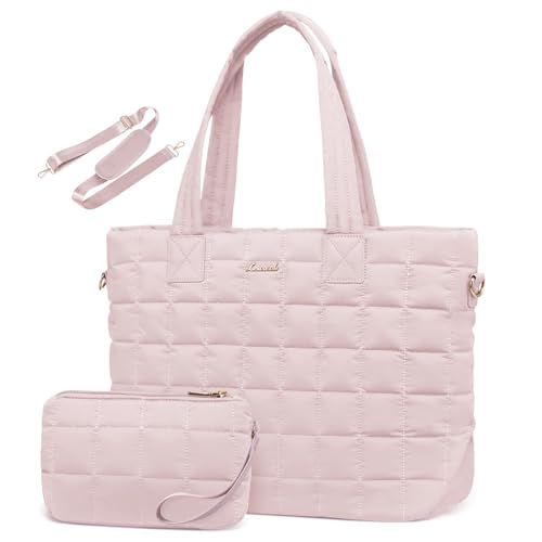 LOVEVOOK Laptop Tote Bag for Women, 15.6 Inch Large Puffer Work Computer Tote Bags for Teacher Nurse, Quilted Women's Purse Tote Shoulder Handbags with Zipper for Travel College Office Gym, Pink - color: Light Pink, size: 15.6 Inch