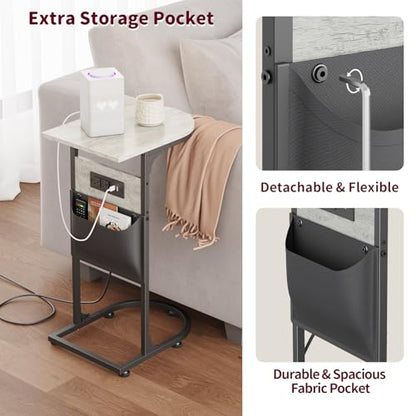 C Shaped End Table with Charging Station, Small Side Table for Couch, C Table Slides Under Sofa with Storage Bag, TV Tray Table for Recliner, Living Room, Bedside, Bedroom, Small Spaces, Greige - color: Charging Station Greige