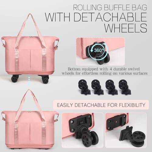 VOOWO Duffel Bag with Wheels - Rolling Foldable Expandable Duffle bags for Travel, Rolling Under Seat Luggage Carry On Travel Bag, Large Wheeled Overnight Weekender Bag (Pink) - color: Pink