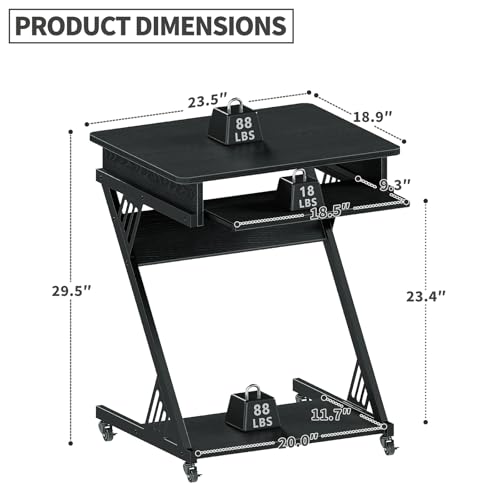 ALISENED Computer Desk for Small Spaces Compact Desk with Keyboard Tray | 23.6" Z-Shaped, with Wheels and Bottom Shelves, for Home Office, Computer Cart Mobile Laptop Cart, Black - color: Black