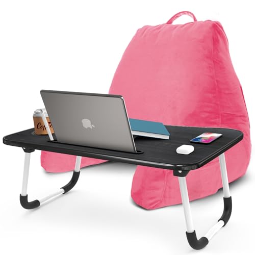 Nestl Reading Pillow with Portable Laptop Lap Desk - Shredded Memory Foam Back Support Pillow for Sitting Up in Bed and Couch Rest Pillows with Arms, Bed Tray Table with Foldable Legs, Light Pink - color: Light Pink, size: Standard