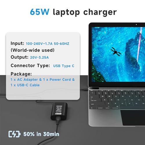 65W USB-C Laptop Charger Compatible with Dell Pro 13 14 16 Latitude 5420 5430 5520 7420 5400 7390 5320 5530 5431, XPS 13 9310 9305 9300 9380 9370 9360, Inspiron 14 15,20V 3.25A Adapter Power Cord