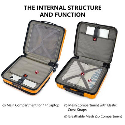 TydeCkare 16" Carry on Luggage with 2 Laptop Compartments, Lightweight Hardshell ABS+PC Suitcase with Dual Control TSA Lock, with YKK Zipper, 4 Spinner Silent Wheels, for Business Travel, Orange - color: Orange