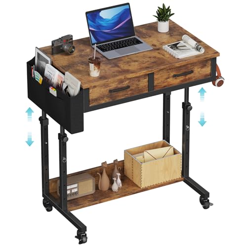 Small Portable Standing Rolling Desk - 32 Inch Adjustable Mobile Stand Up Teacher Desks with 2 Fabric Drawers on Wheels, Couch Sofa Side Laptop Table with Storage for Bedroom Home Office, Rustic Brown - color: Brown, size: 31.5"