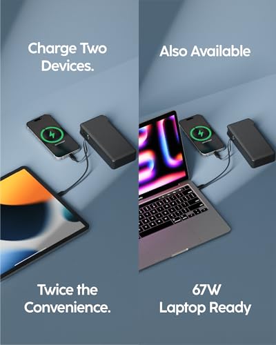 myCharge RetractaCharger 20000mAh Portable Charger Power Bank for Laptops, Phones & Tablets with 28-inch Retractable Dual USB-C Cables | Premium Fabric | Built-in Wall Plug | 30W PD Fast Charging