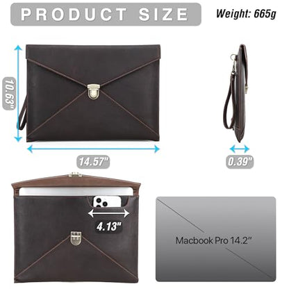 Top Grain Leather 14.2" Slim Laptop Bag Case, Envelope Style, Removable Wristlet & 3 Pockets, Fits MacBook Pro 14 Inch 2021 2022 M1 Pro/M1 Max A2442 & Other Laptop, Black Coffee 14.2 Inch - color: #7【Envelope Style】-Black Coffee-3 Pockets, size: 14.2" - F
