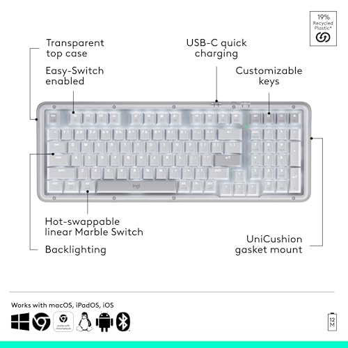 Logitech Alto Keys K98M Wireless Mechanical Gasket Keyboard - Off White | Customizable, clicky, vibration absorbing gasket, white backlit keys, Bluetooth, USB-C charging, for PC, Mac, Laptops - color: Off White