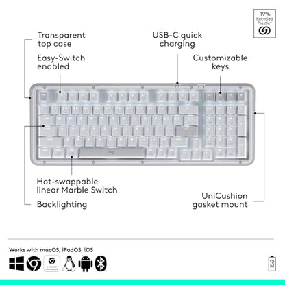 Logitech Alto Keys K98M Wireless Mechanical Gasket Keyboard - Off White | Customizable, clicky, vibration absorbing gasket, white backlit keys, Bluetooth, USB-C charging, for PC, Mac, Laptops - color: Off White