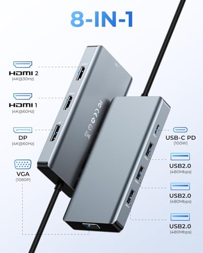 USB C Docking Station Dual Monitor Adapter, 8 in 1 Laptop Docking Station 3 Monitors Quadruple Display USB C Hub Dongle to 4K HDMI+DP+VGA - color: Silver