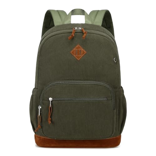 mygreen Corduroy School Backpack for Teens Girls & Boys, Vintage Lightweight Laptop Bag with Padded Sleeve, Large Capacity Water-Resistant Bookbag for College, High School, and Daily Use Army Green - color: Army Green, Corduroy