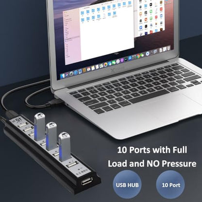 USB Hub 10-Ports, USB Hub Extender Network Splitter Adapter with Powered, for MacBook, PC, Laptop, Mice, Keyboards（ Only USB Data Transfer Not for Charing