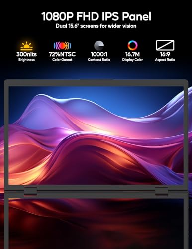 ZSCMALLS (Windows Only Triple Laptop Screen Extender, 15.6" 1080P FHD IPS Folding Stacked Portable Monitor, USB C Travel Extended Computer Display w/VESA, 180°Rotation, Plug & Play for PCs
