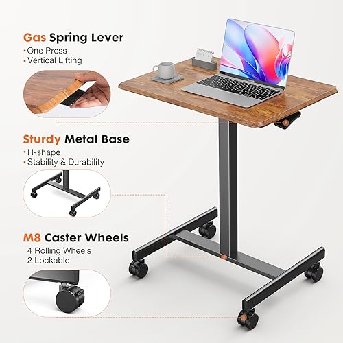 Sweetcrispy Mobile Rolling Desk, Small Standing Desk with Wheels | Adjustable Height Sit Stand Table, Portable Computer Workstations for Home Office, Brown - color: Brown
