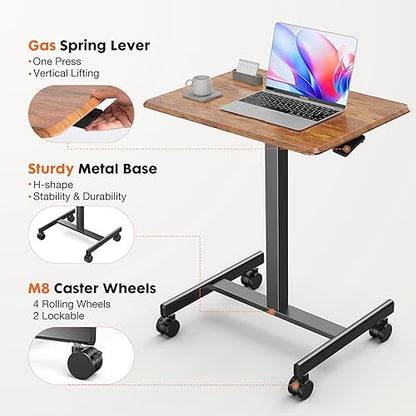 Sweetcrispy Mobile Rolling Desk, Small Standing Desk with Wheels | Adjustable Height Sit Stand Table, Portable Computer Workstations for Home Office, Brown - color: Brown