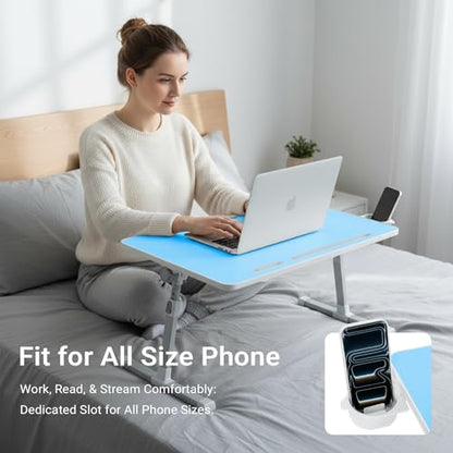 Adjustable Laptop Lap Desk with Cooling Fan USB Light for Adults - color: Blue,70x45cm