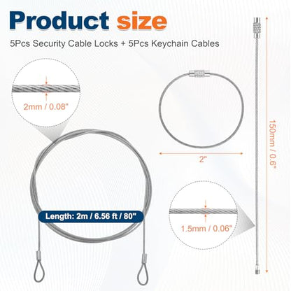5 Set Double Loop Security Cable Lock (6.56 ft X0.08'') + Keychain Cable, Silver - color: Silver, size: 6.56 ft x 0.08 Inch