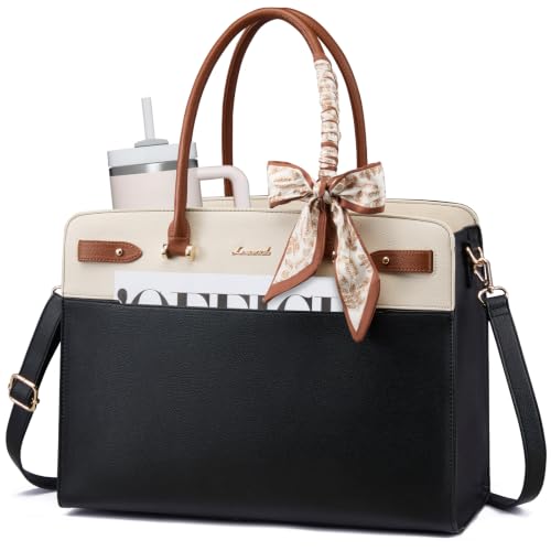 LOVEVOOK Laptop Tote Bag for Women, 15.6 Inch Large Faux Leather Work Bag Waterproof Briefcase Handbag for Teacher Business | Gift - color: Cream & Black, size: 15.6 inch