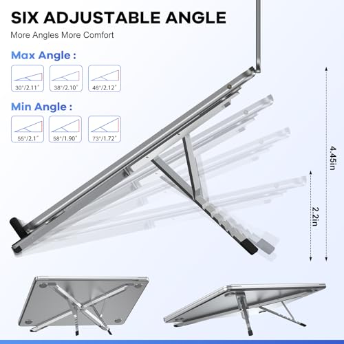 Foldable Laptop Stand, Ergonomic Aluminum Desktop Holder Riser,6 Angles Adjustable,Lightweight Compact, Compatible with 10-17.3'' MacBook,iPad,Dell,HP,Lenovo,Asus,Samsung etc. (Grey)