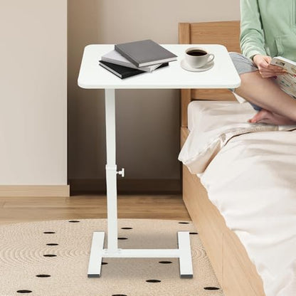 Overbed Table with Hidden Wheels, Bedside Table with Height Adjustable, H-Shaped Base, White Modern Rolling Table Tray & Laptop Cart for Laptop, Reading & Dining