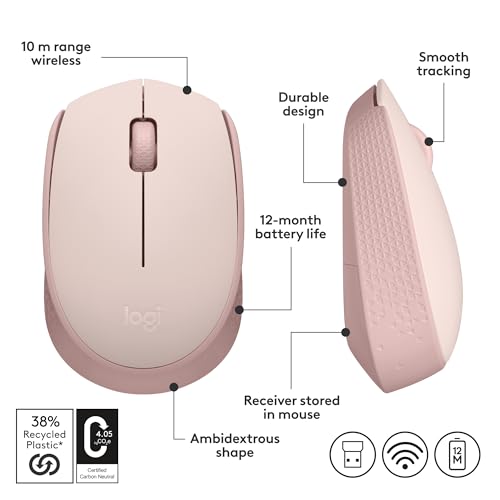 Logitech M170 Compact Ambidextrous 2.4 GHz Wireless Mouse - Rose | Ambidextrous mouse with 2.4 GHz USB-A Nano Receiver, Optical Tracking, 12-Months Battery Life, PC, Mac, Laptop compatible - color: Rose
