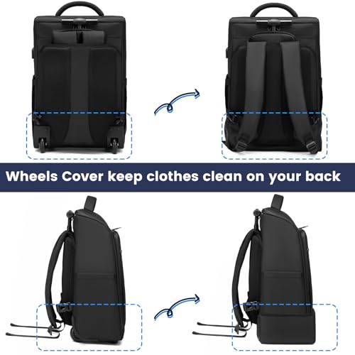 Rolling Backpack Waterproof Commuter Backpack with Wheels for Business, Laptop Compartment for 17.3-Inch Laptop, Wheeled Carry-On Bag for Adults - color: Black-L