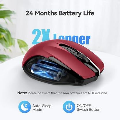 TECKNET Wireless Mouse, 2.4G Ergonomic Computer Mouse, 2600 DPI, Red | Ergonomic Design with Side Grips, Adjustable DPI, 2-Year Battery, Compact Size, USB-A Plug & Play, Wide OS Compatibility - color: Red
