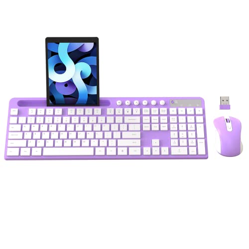 Wireless Keyboard and Mouse Combo, MARVO 2.4G Ergonomic Wireless Computer Keyboard with Phone Tablet Holder, Silent Mouse with 6 Button, Compatible with MacBook, Windows (Purple) - color: Purple